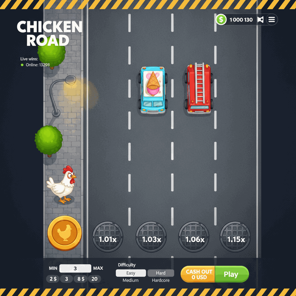 Chicken Road gioco crash di InOut con un pollo che attraversa corsie multiple di una strada trafficata, moltiplicatori crescenti mostrati su ogni corsia e interfaccia di gioco con pulsanti di puntata e incasso